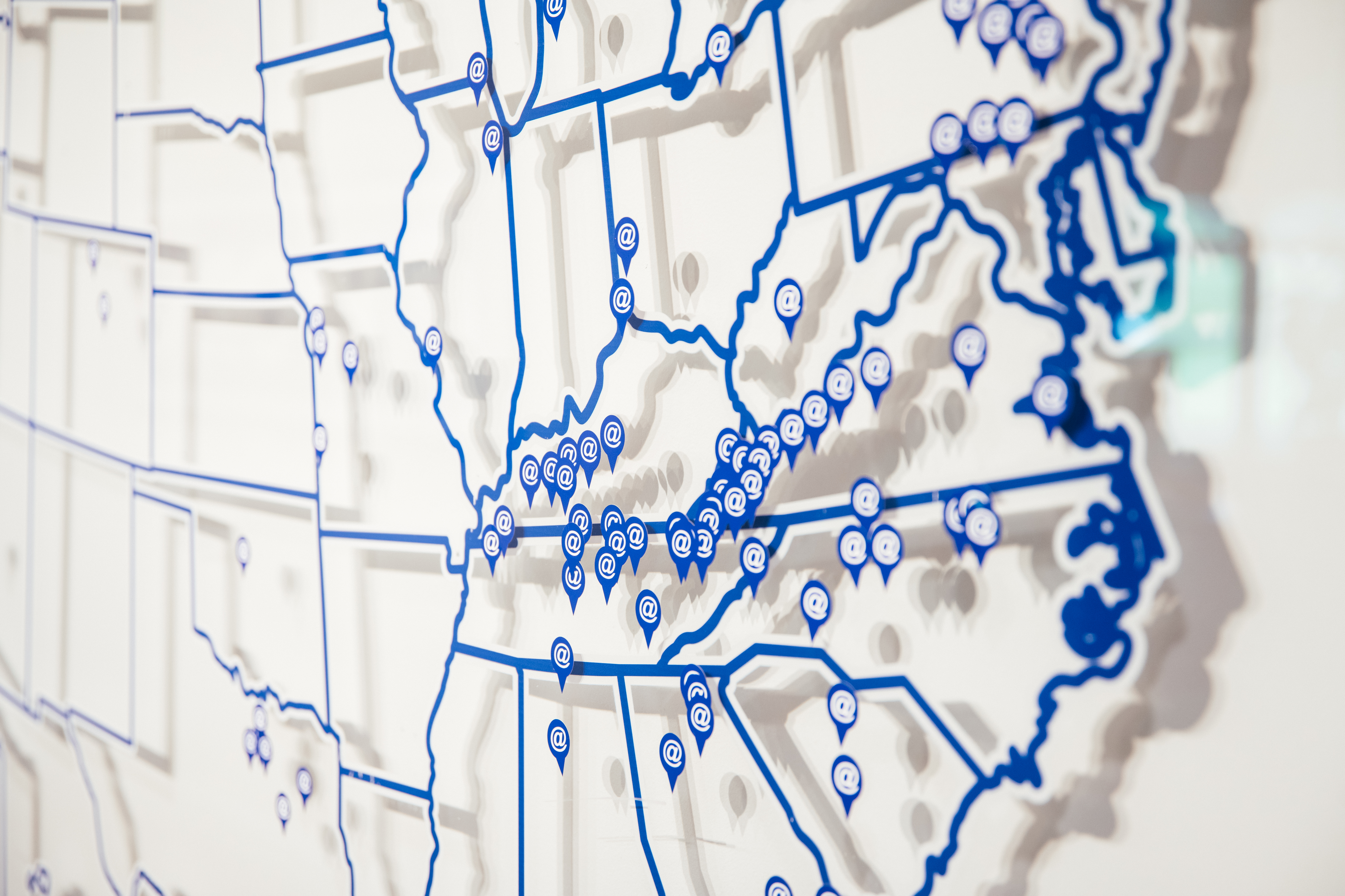 The close-up of a US map with AtWork office locations