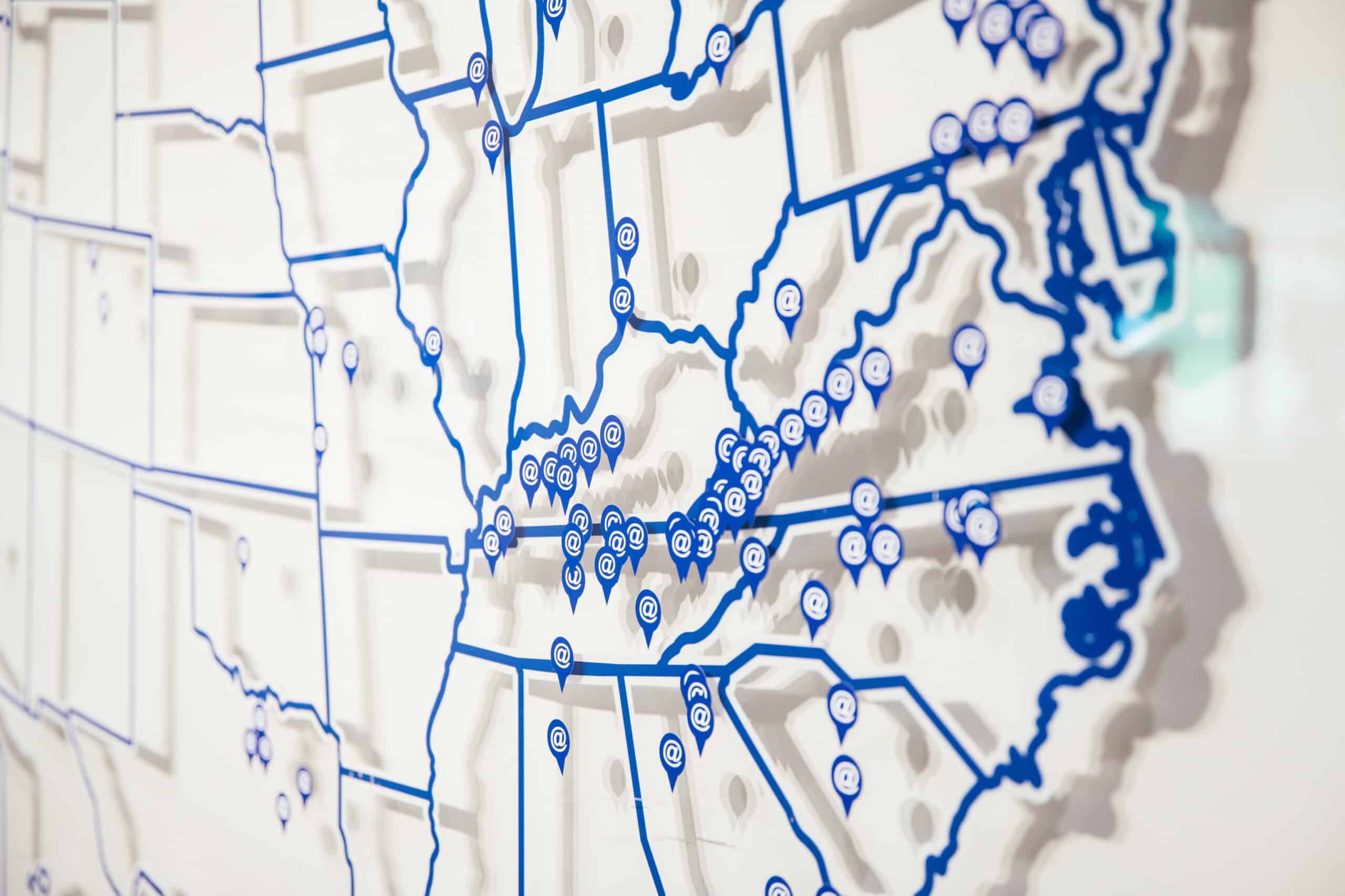 A picture of an AtWork map with pins